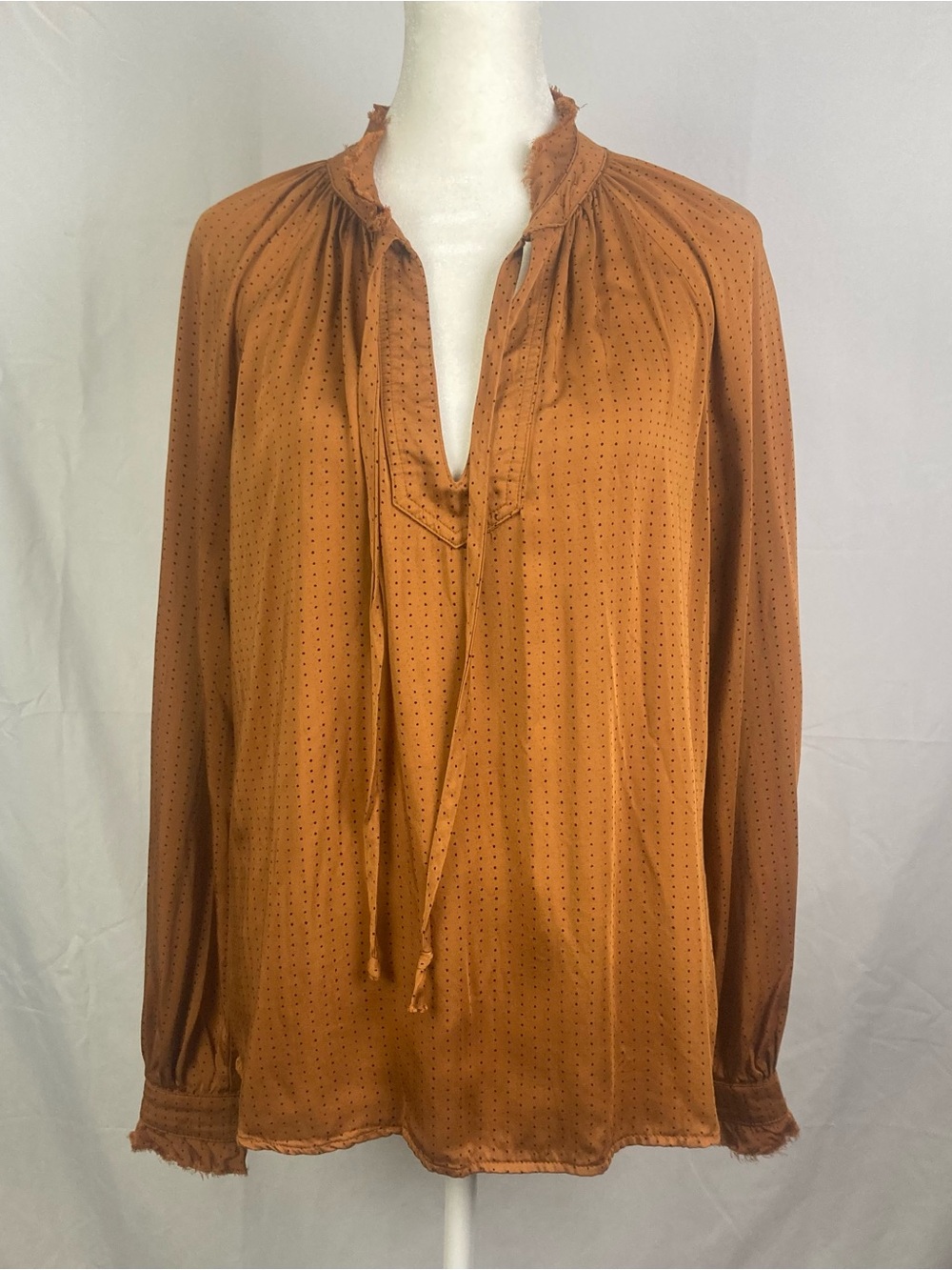 Cloth & Stone Sz Small Tie Neck Blouse Rust Color Micro Dot Boho Peasant EUC
